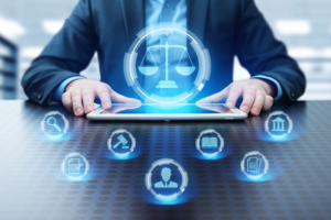 Advogado e símbolos relacionados à tecnologia.